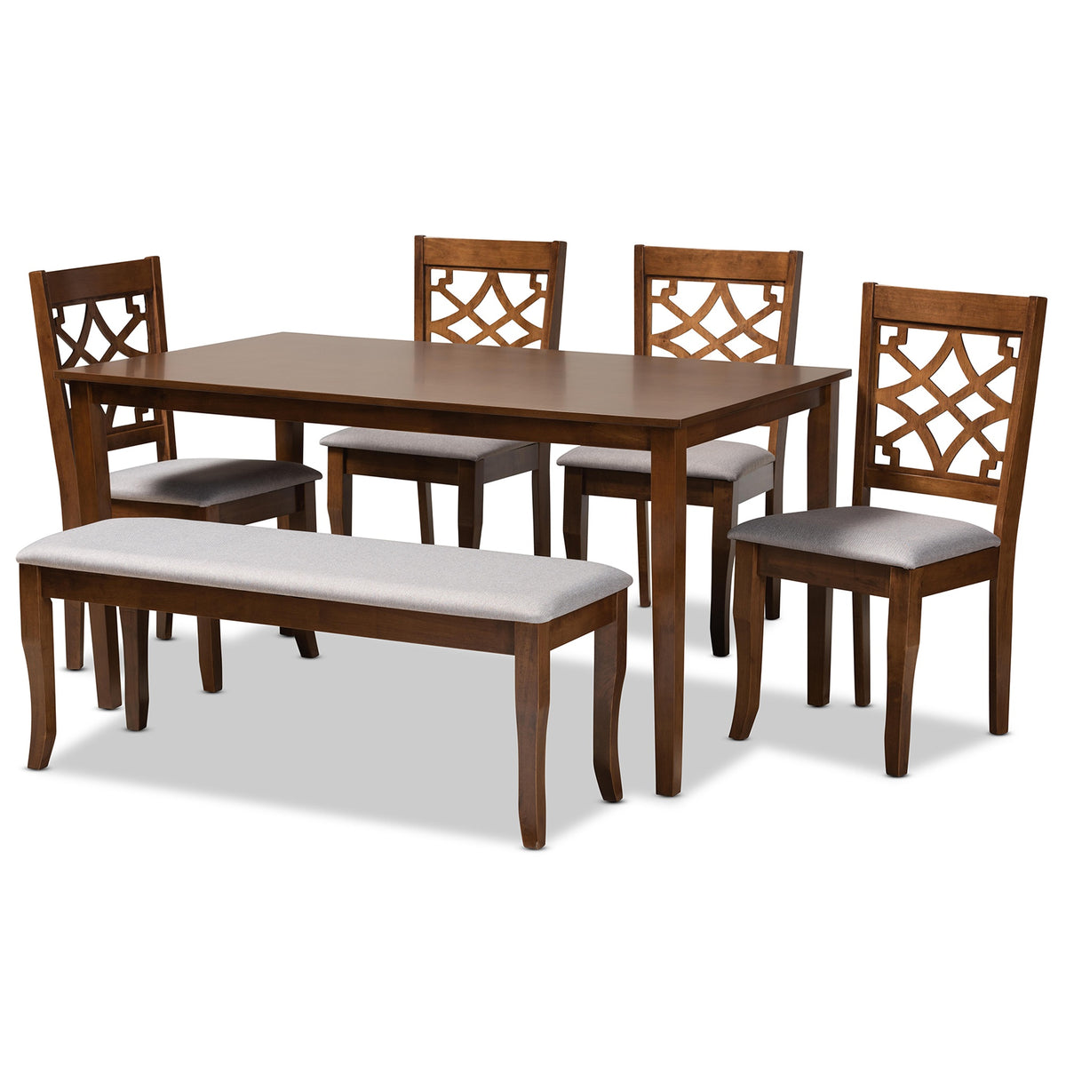 Baxton Studio Dori Modern And Contemporary Grey Fabric Upholstered And Walnut Brown Finished Wood 6Piece Dining Set