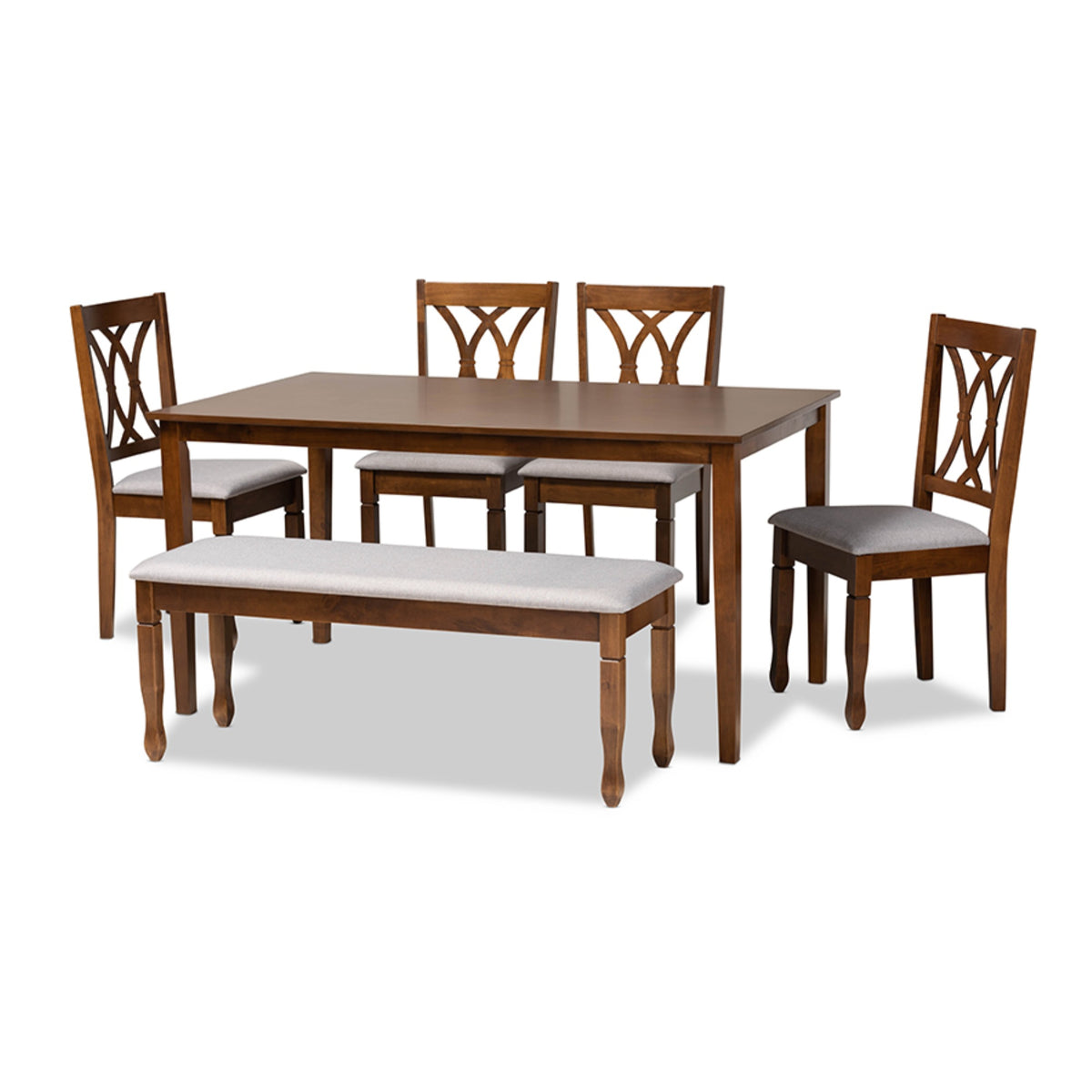 Baxton Studio Reneau Modern And Contemporary Grey Fabric Upholstered And Walnut Brown Finished Wood 6Piece Dining Set