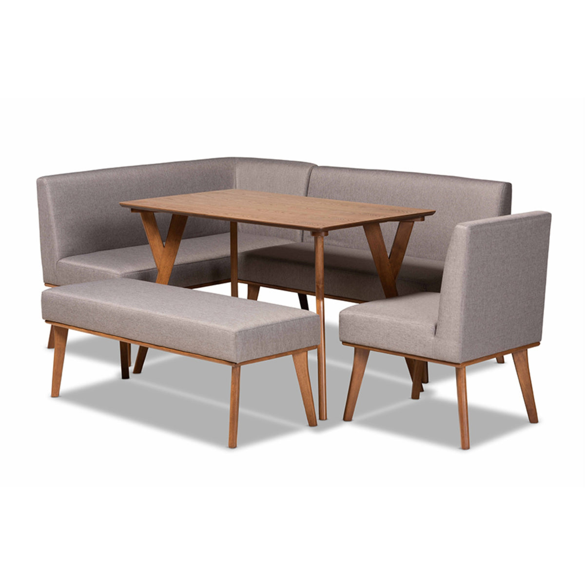 Baxton Studio Odessa Midcentury Modern Grey Fabric Upholstered And Walnut Brown Finished Wood 5Piece Dining Nook Set