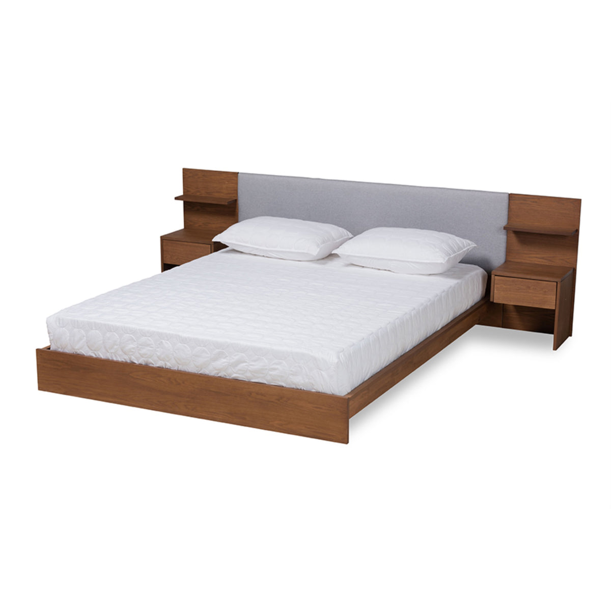 Baxton Studio Sami Modern And Contemporary Light Grey Fabric Upholstered And Walnut Brown Finished Wood Queen Size Platform Stor