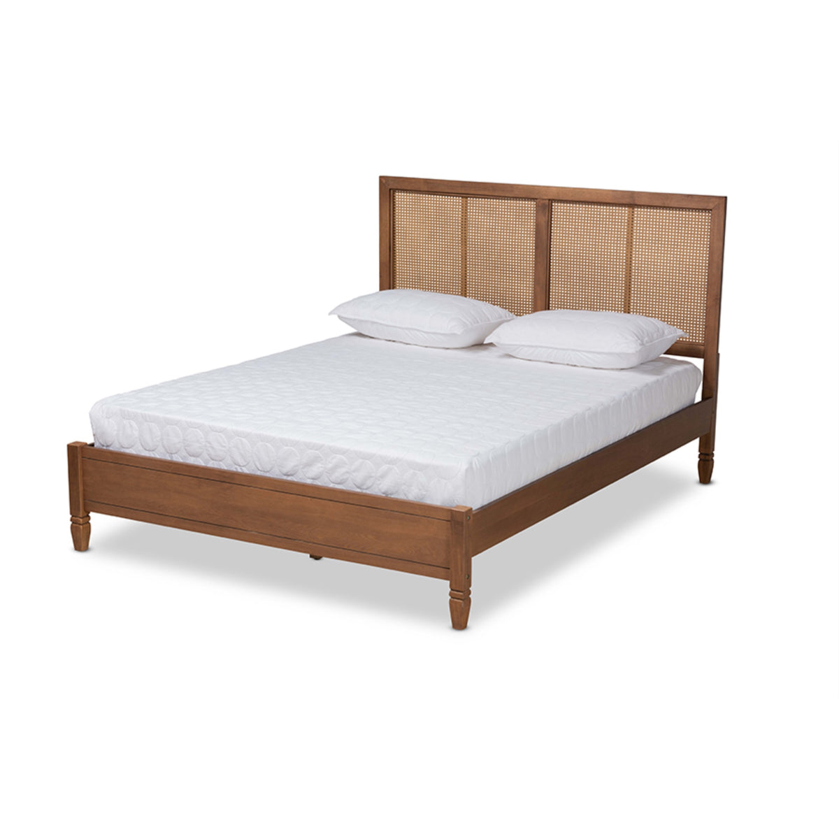 Baxton Studio Redmond Midcentury Modern Walnut Brown Finished Wood And Synthetic Rattan Queen Size Platform Bed