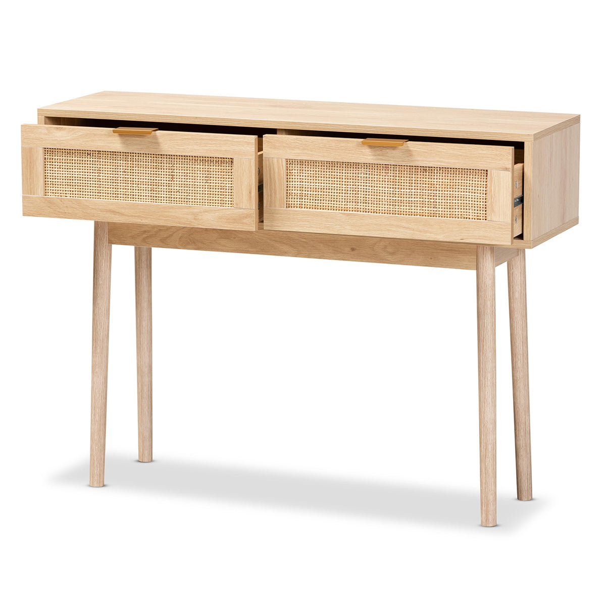 Baxton Studio Baird Midcentury Modern Light Oak Brown Finished Wood And Rattan 2Drawer Console Table