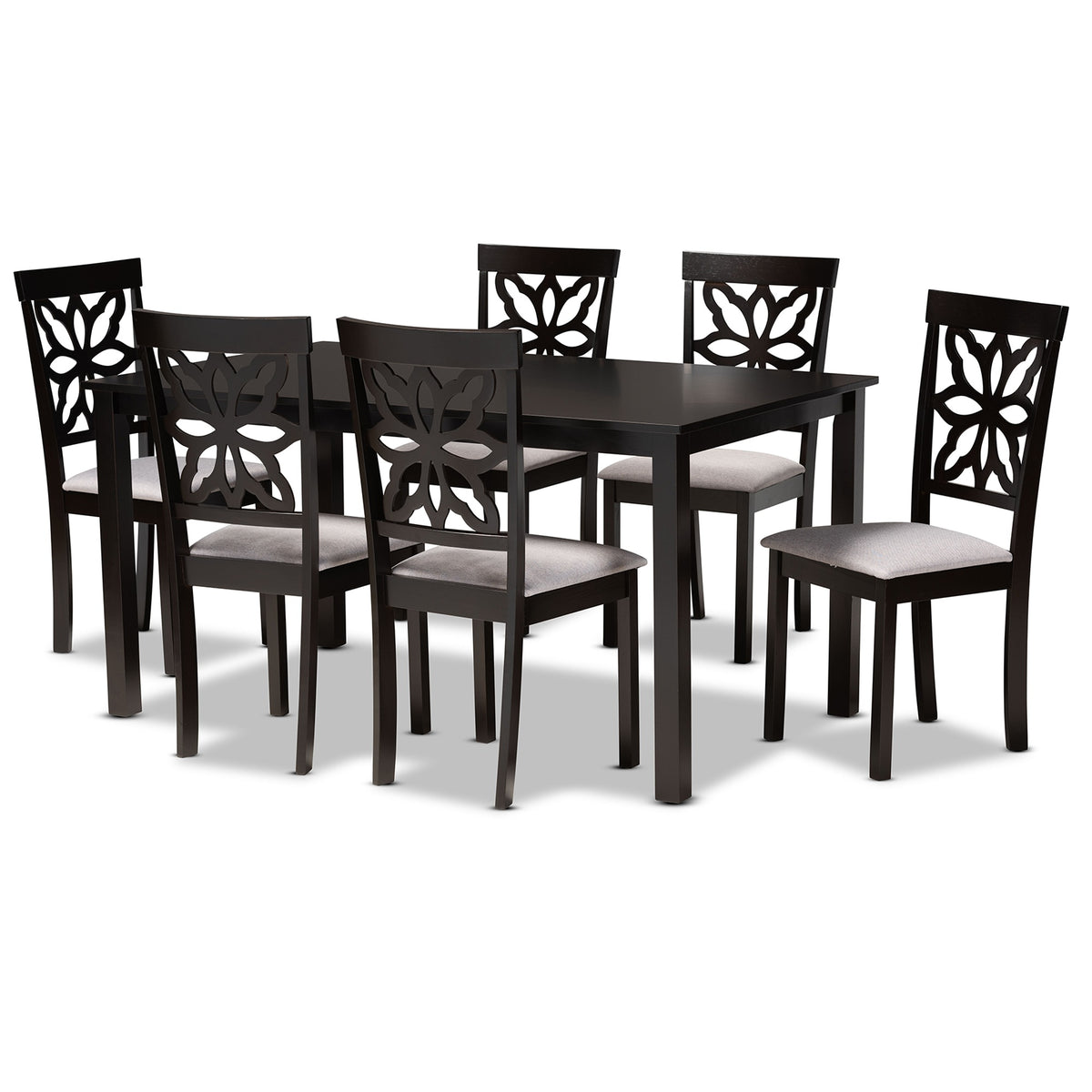 Baxton Studio Dallas Modern And Contemporary Grey Fabric Upholstered And Dark Brown Finished Wood 7Piece Dining Set