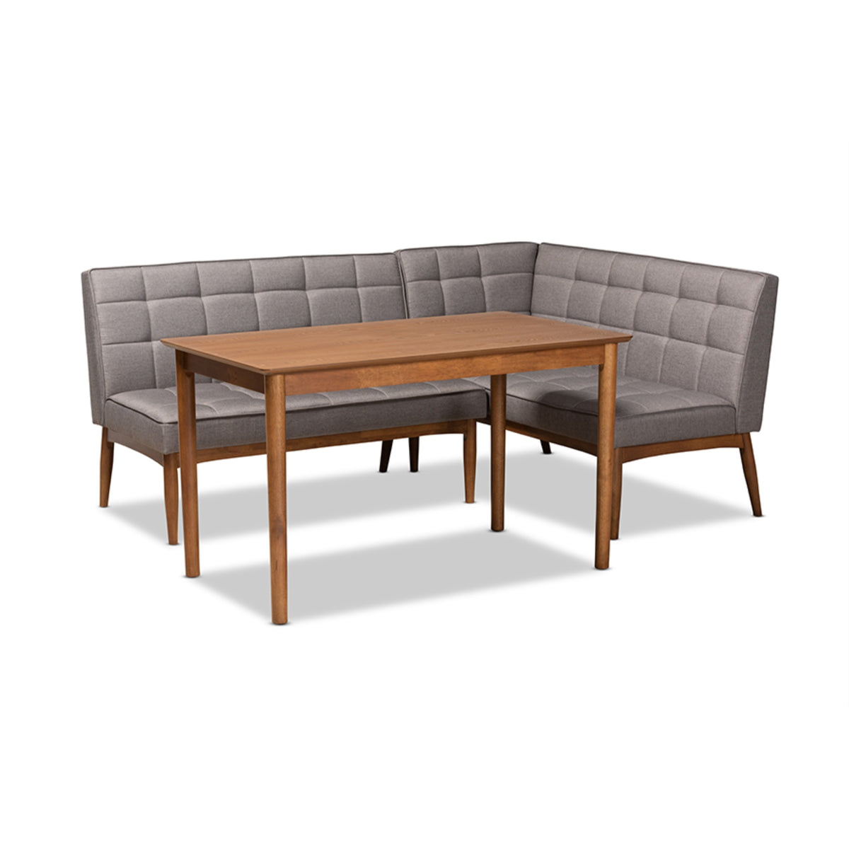 Baxton Studio Sanford Midcentury Modern Grey Fabric Upholstered And Walnut Brown Finished Wood 3Piece Dining Nook Set