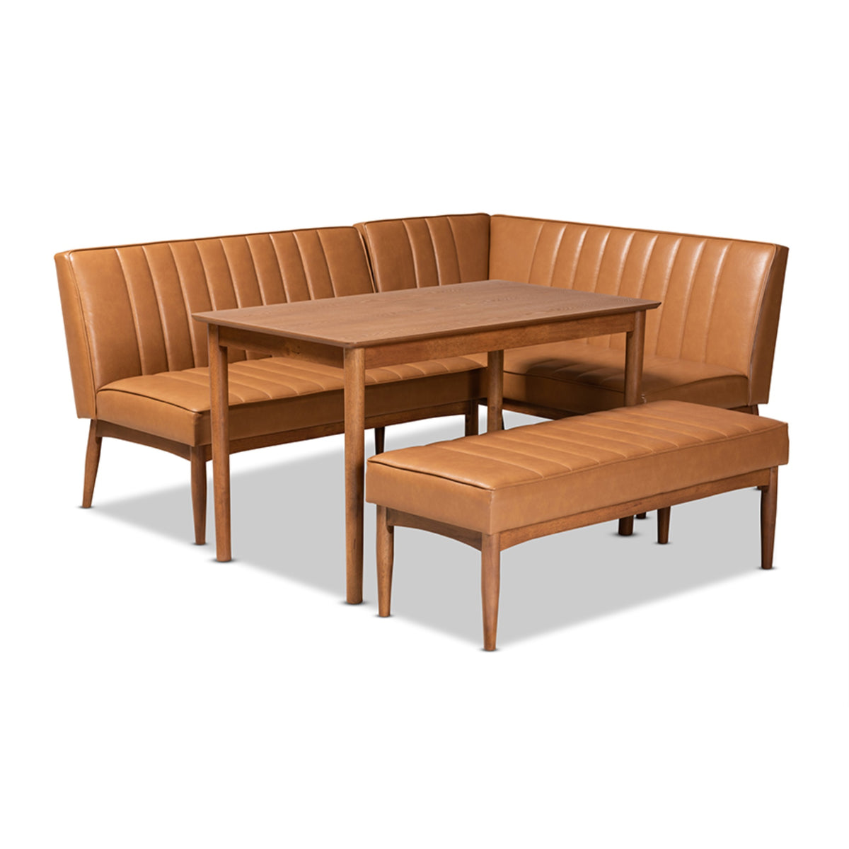 Baxton Studio Daymond Midcentury Modern Tan Faux Leather Upholstered And Walnut Brown Finished Wood 4Piece Dining Nook Set