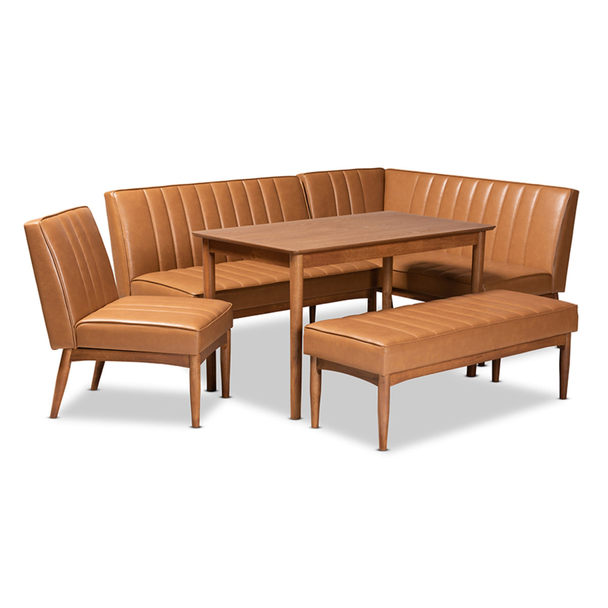 Baxton Studio Daymond Midcentury Modern Tan Faux Leather Upholstered And Walnut Brown Finished Wood 5Piece Dining Nook Set