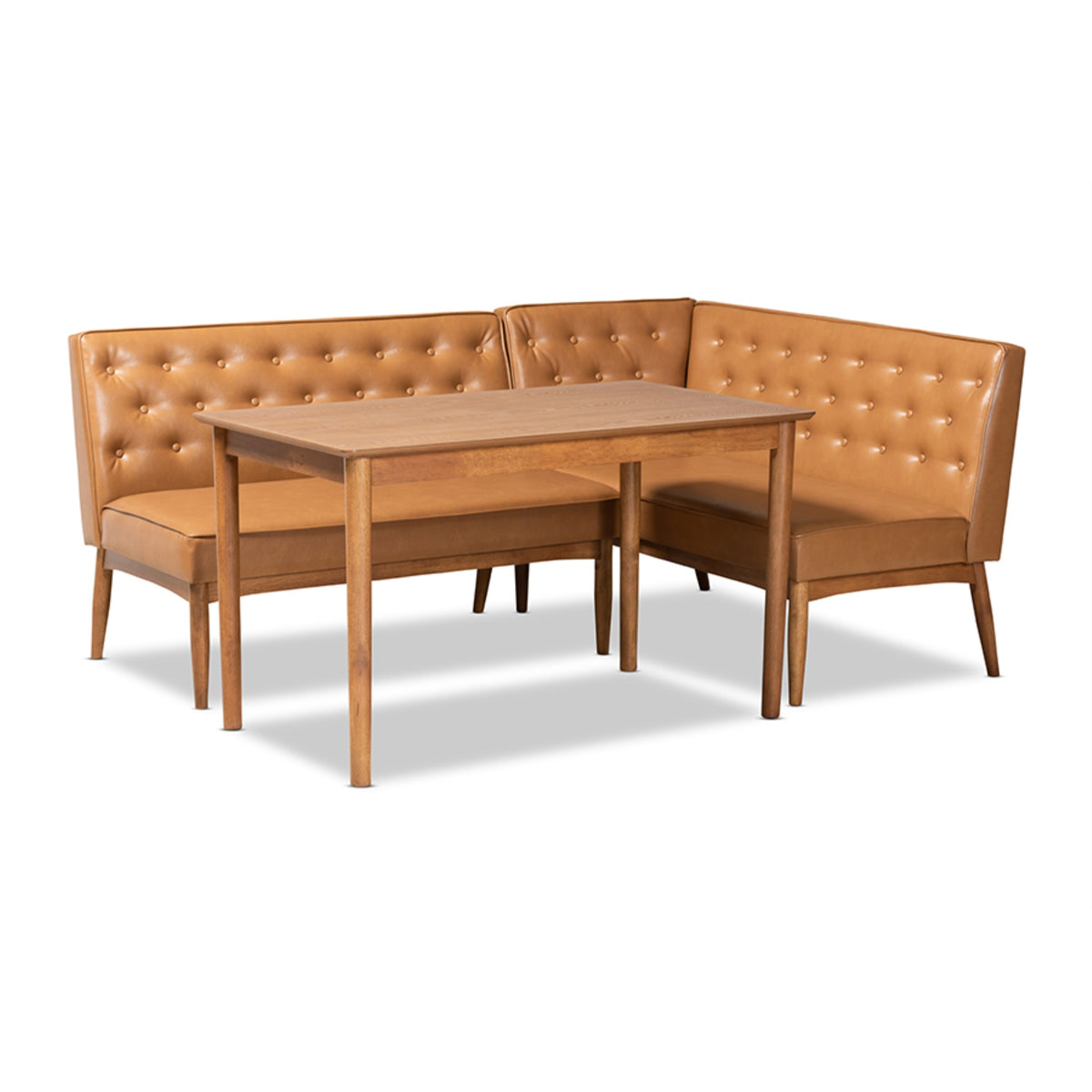 Baxton Studio Riordan Midcentury Modern Tan Faux Leather Upholstered And Walnut Brown Finished Wood 3Piece Dining Nook Set