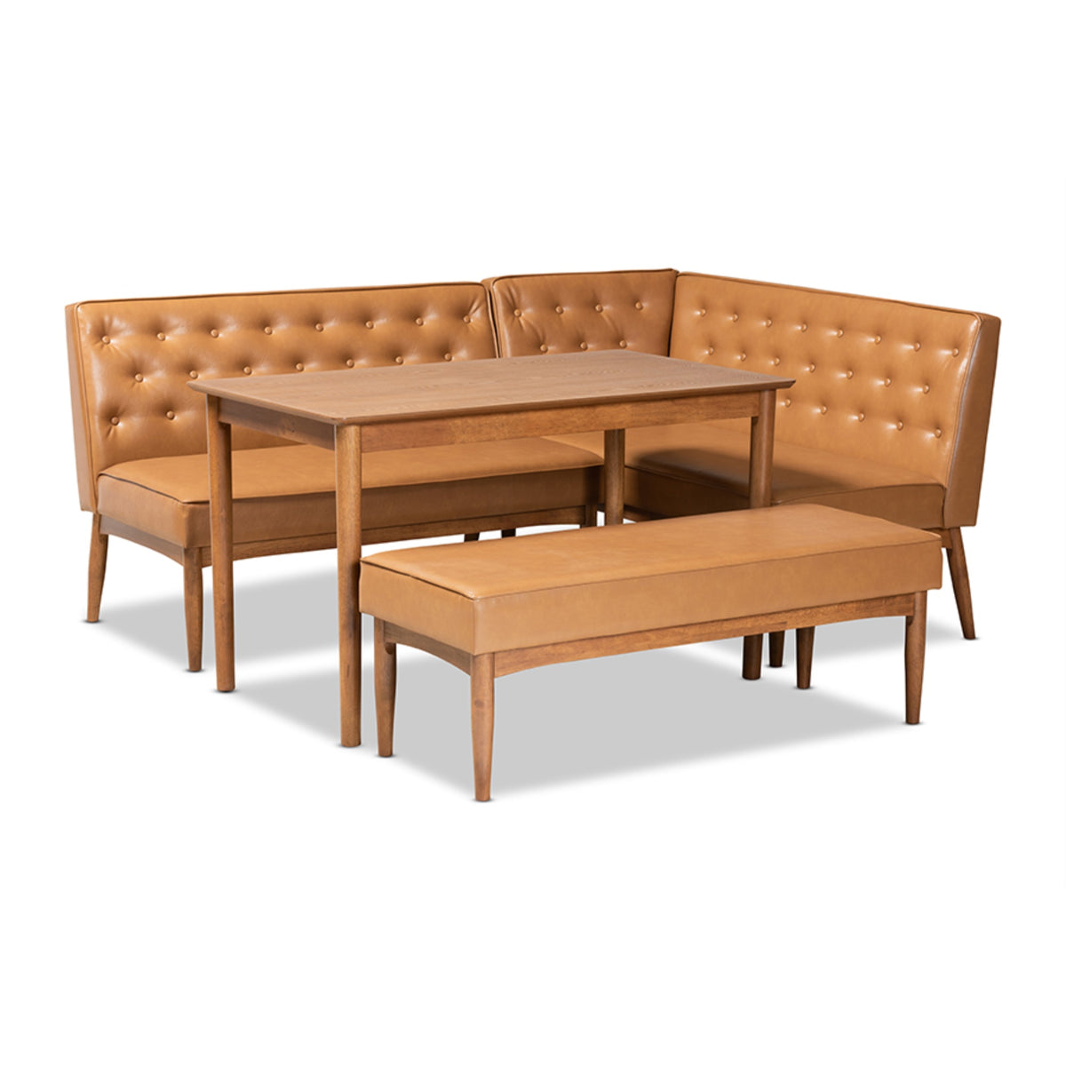 Baxton Studio Riordan Midcentury Modern Tan Faux Leather Upholstered And Walnut Brown Finished Wood 4Piece Dining Nook Set