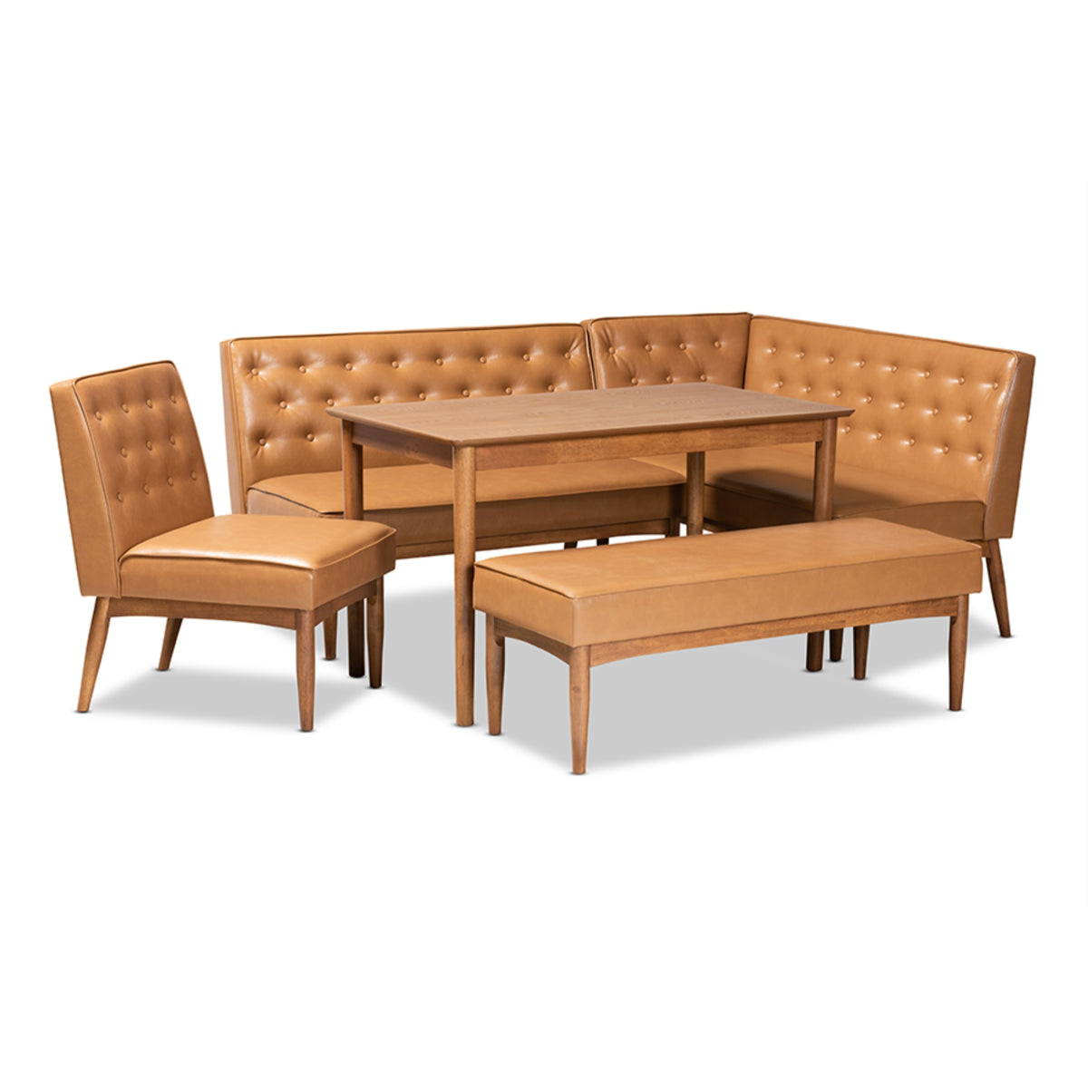 Baxton Studio Riordan Midcentury Modern Tan Faux Leather Upholstered And Walnut Brown Finished Wood 5Piece Dining Nook Set
