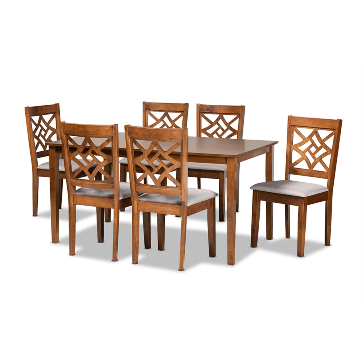 Baxton Studio Nicolette Modern And Contemporary Grey Fabric Upholstered And Walnut Brown Finished Wood 7Piece Dining Set