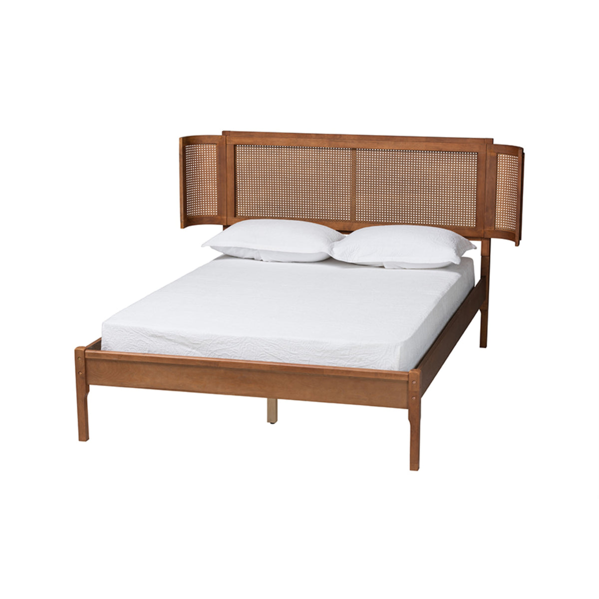 Baxton Studio Eridian Midcentury Modern Walnut Brown Finished Wood And Natural Rattan Full Size Platform Bed