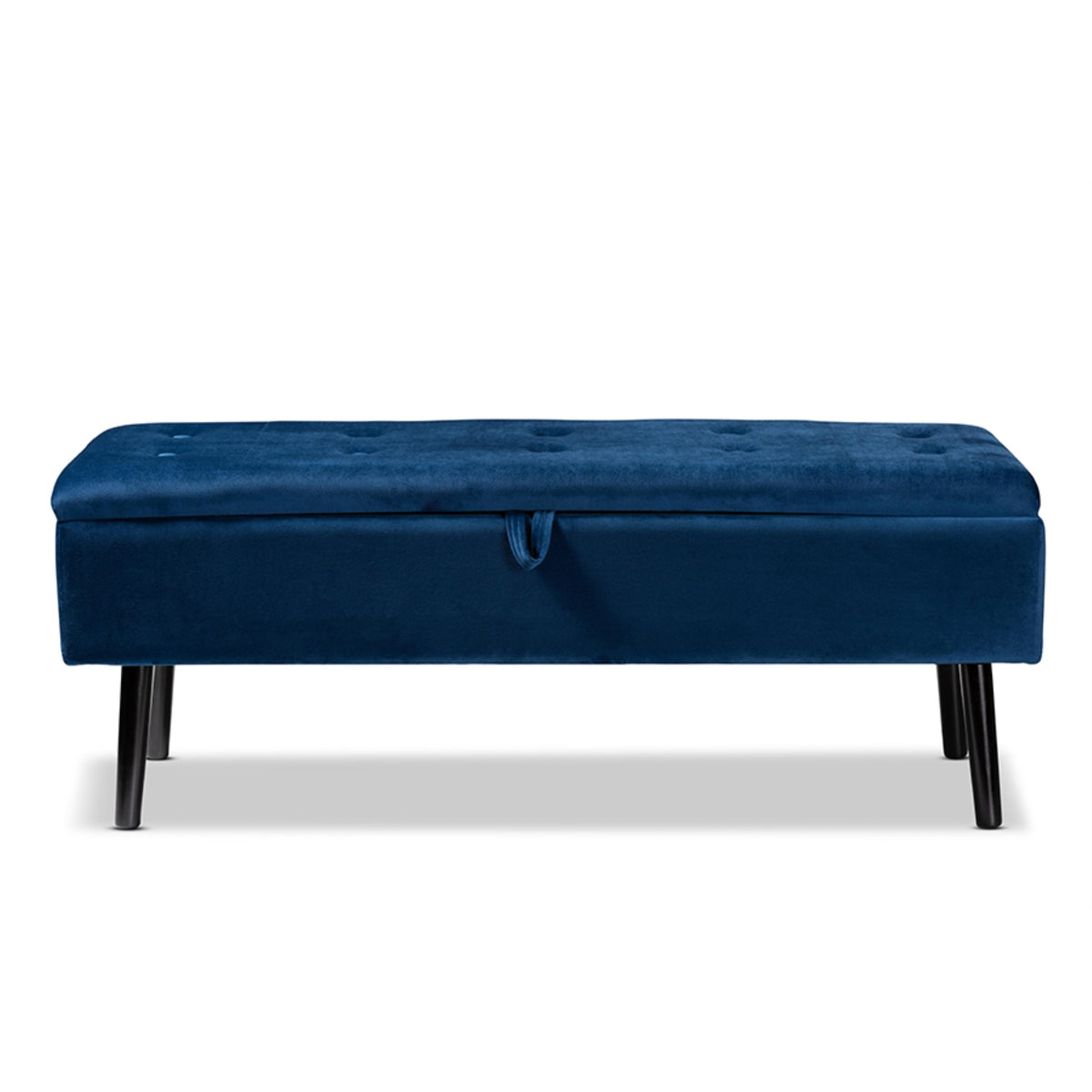 Baxton Studio Caine Modern And Contemporary Navy Blue Velvet Fabric Upholstered And Dark Brown Finished Wood Storage Bench
