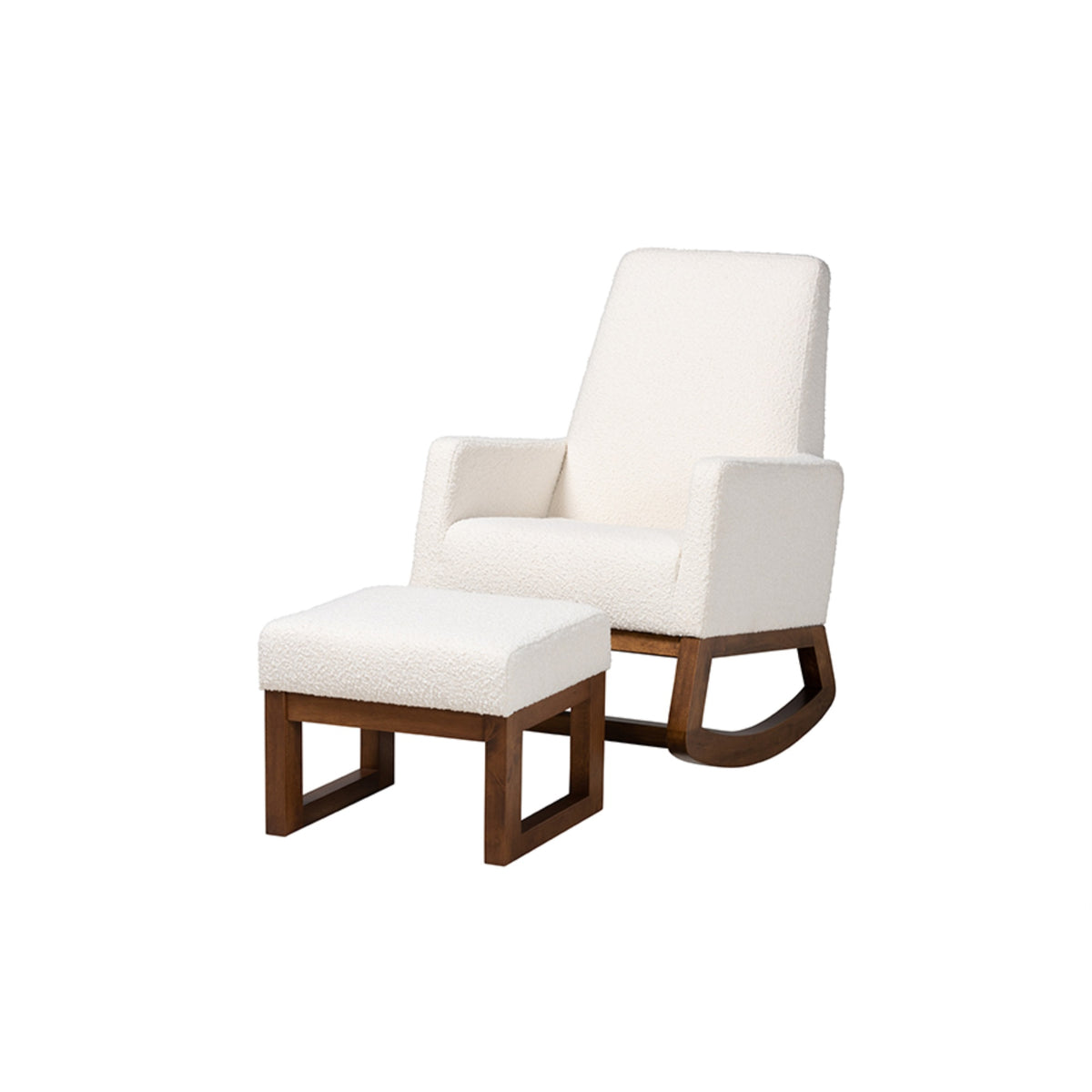 Baxton Studio Yashiya Midcentury Modern Offwhite Boucle Upholstered And Walnut Brown Finished Wood 2Piece Rocking Chair And O