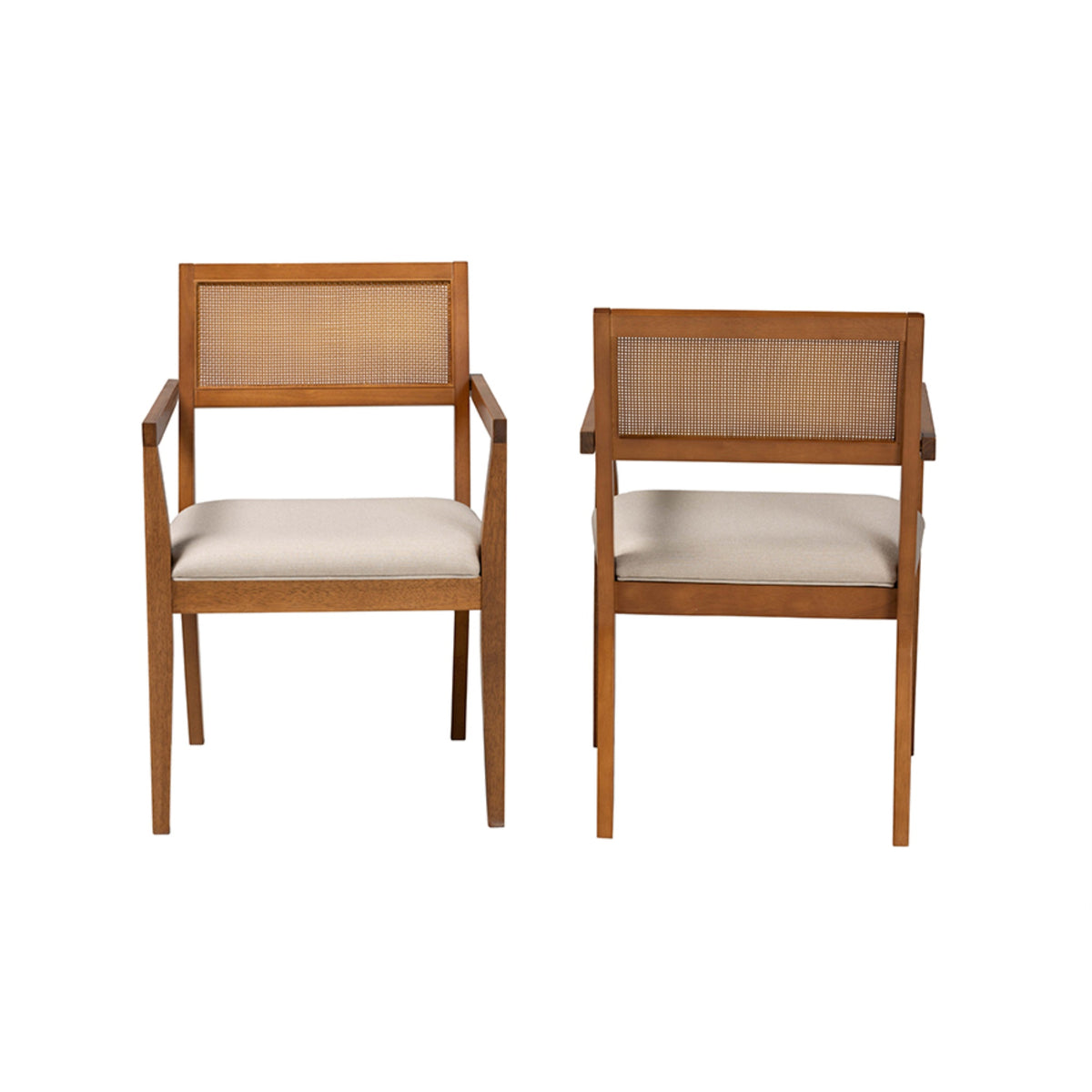 Baxton Studio Emilia Modern Japandi Beige Fabric And Walnut Brown Finished Wood 2Piece Arm Chair Set With Woven Rattan