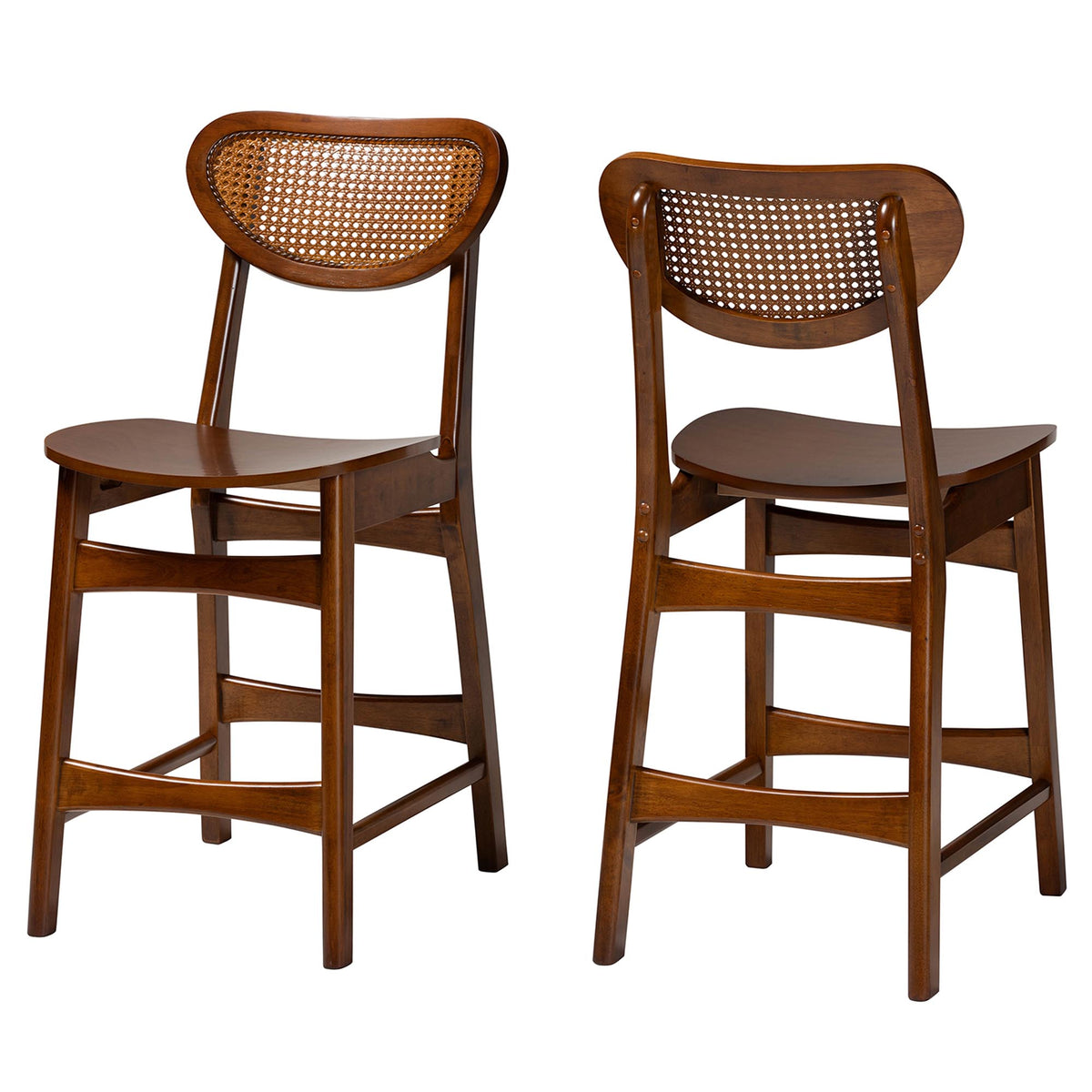Baxton Studio Hesper Midcentury Modern Walnut Brown Finished Wood And Rattan 2Piece Counter Stool Set