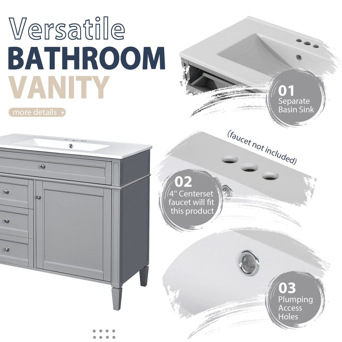 Bathroom Vanity With Mirror Cabinet, Single Sink With 2 Soft Closing Doors And 4 Drawers