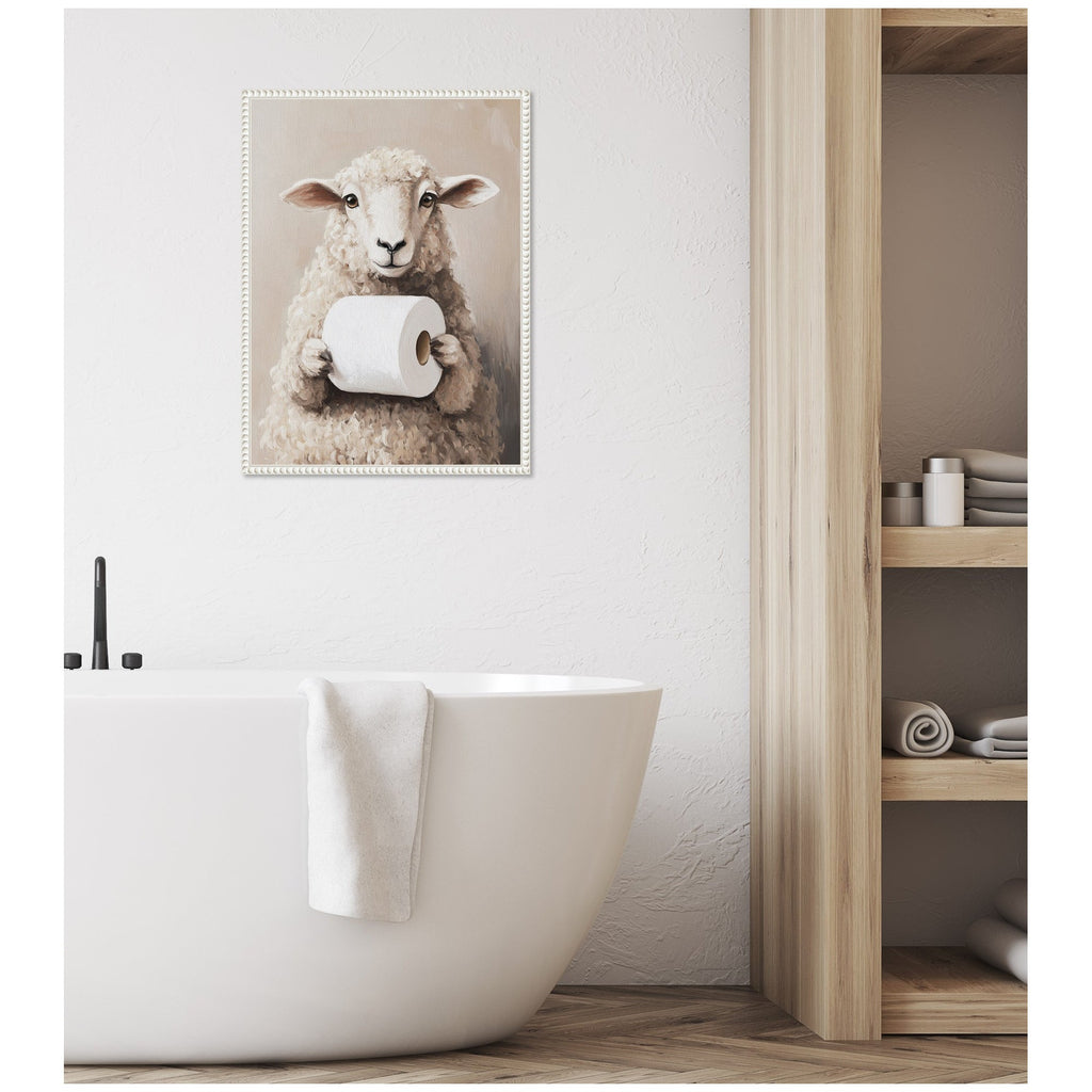 Sylvie Cute Sheep Toilet Paper Roll Toilet Bathroom Art Framed Canvas by The Creative Bunch Studio