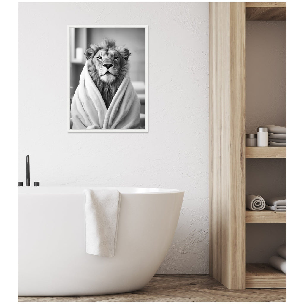 Sylvie Lion Bathroom Art Towel Robe Black and White Framed Canvas by The Creative Bunch Studio