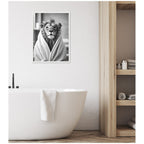 Sylvie Lion Bathroom Art Towel Robe Black and White Framed Canvas by The Creative Bunch Studio