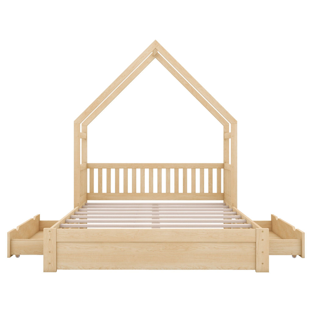 House Style Platform Bed With Guardrail And 2 Drawers