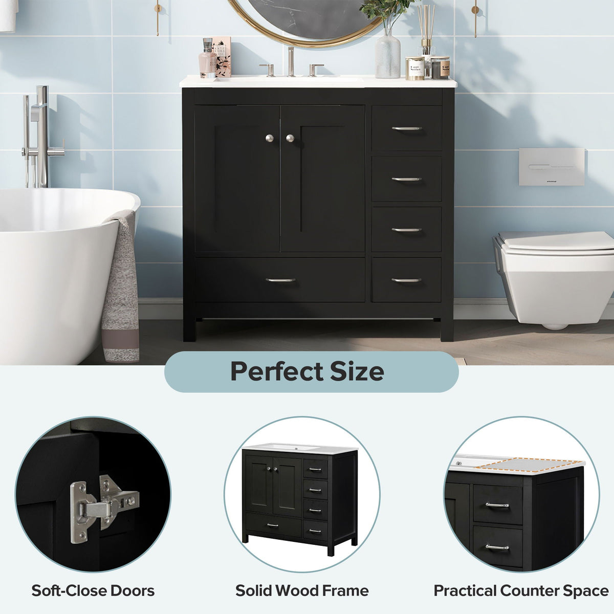 Bathroom Vanity With Ceramic Sink Combo, Abundant Storage Cabinet 2 Soft Close Doors And 5 Drawers