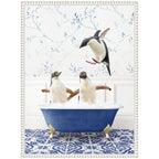 Sylvie Penguins in Eclectic Blue Bath Framed Canvas by Amy Peterson