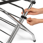 2-Tier Folding Luggage Rack with High Back, Rubber Feet, Black Alloy Steel