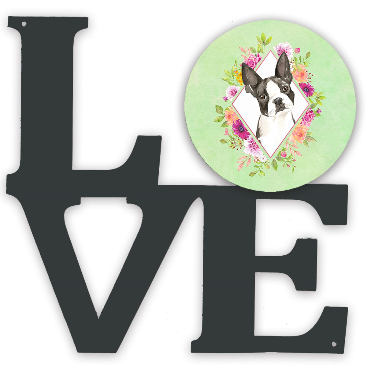Boston Terrier Green Flowers Metal Wall Artwork Love