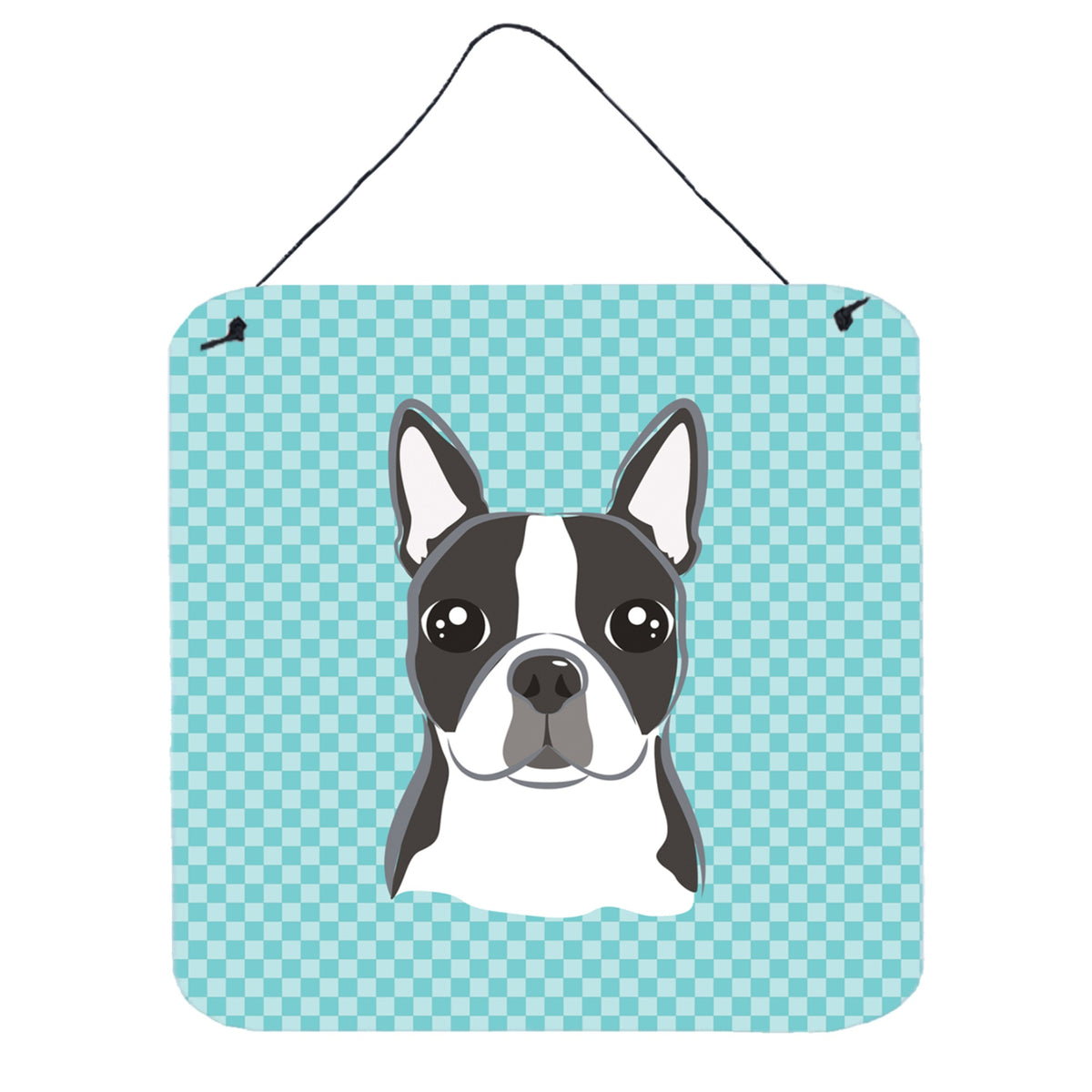 Checkerboard Blue Boston Terrier Wall Or Door Hanging Prints