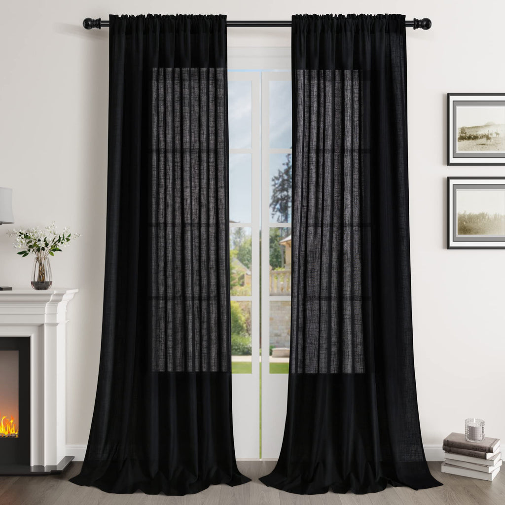 Guken Black Linen Curtains 120 Inch Length For Living Room Bedroom 2 Panels Set Rod Pocket Light Filtering Semi Sheer Window Cur