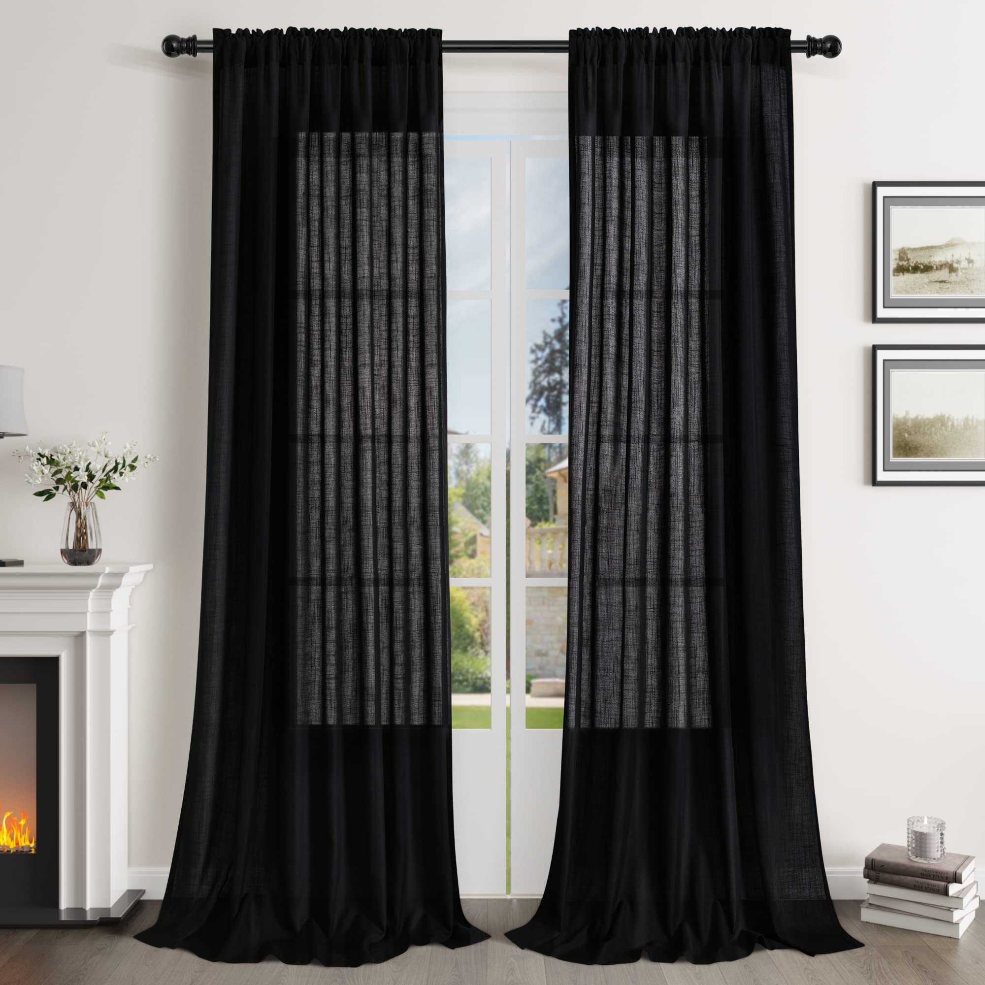 Guken Black Linen Curtains 120 Inch Length For Living Room Bedroom 2 Panels Set Rod Pocket Light Filtering Semi Sheer Window Cur