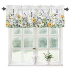 Yokou Kitchen Curtain Valance, Lavender Daisy Flower Eucalyptus Leaves Watercolor Floral Spring Short Rod Pocket Window Curtain