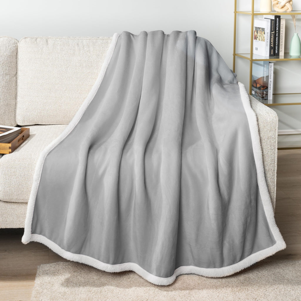 Pavilia Light Grey Sherpa Fleece Throw Blanket For Couch, Soft Thick Bed Blanket For Sofa, Cozy Warm Throw Blanket All Season, F