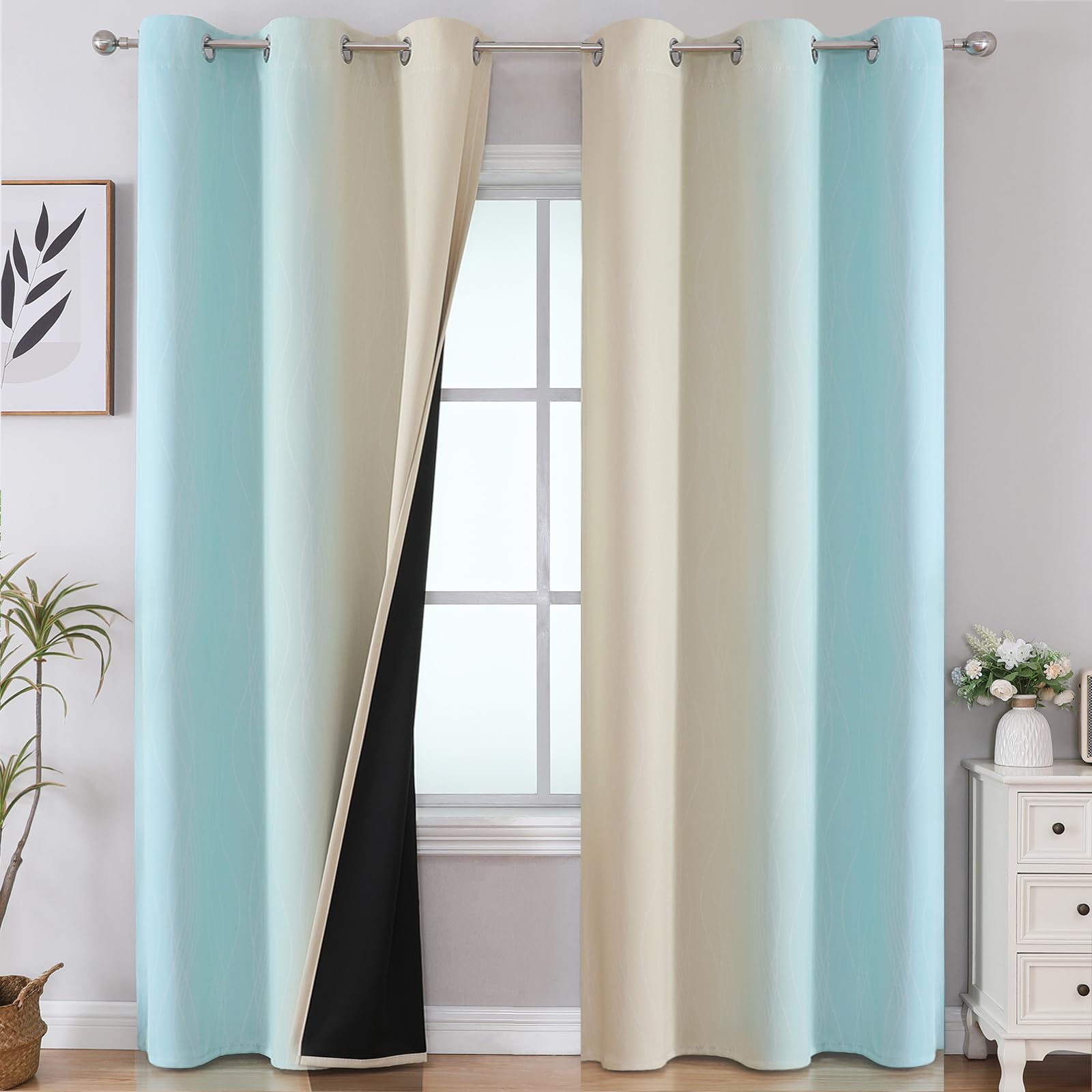 Estelar Textiler 84 Aqua Beige Room Darkening Blackout Curtains, 42W x 84L, Thermal Insulated Grommet Drapes, 2 Panels Set