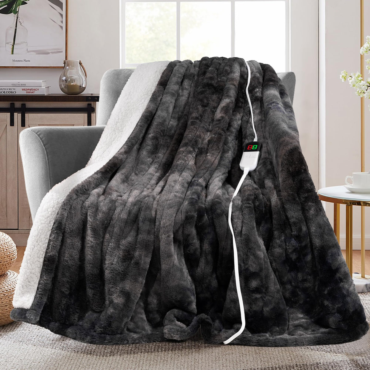 MAXEVE Electric Heated Throw Blanket Faux Rabbit Fur Grey Oeko-Tex Certified