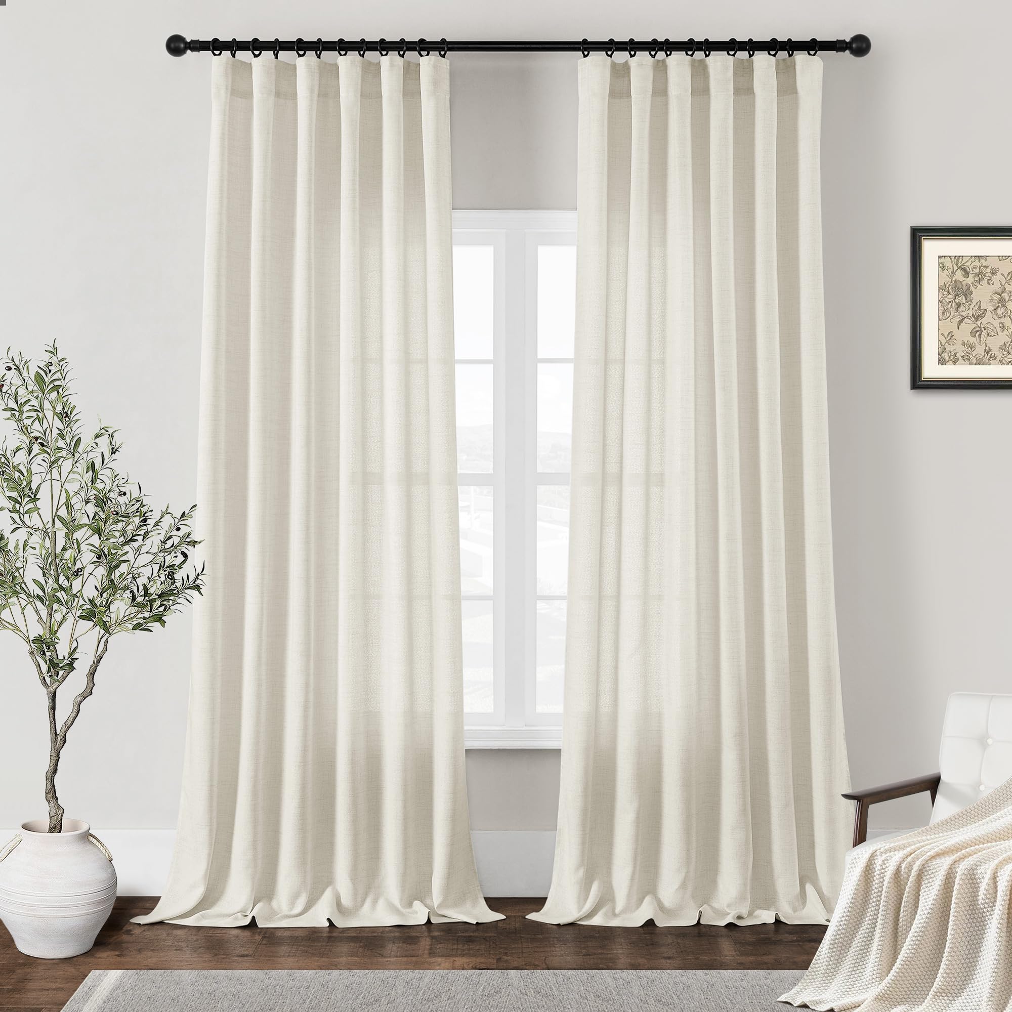 Dukiyo Natural Linen Curtains 102 Inches Long For Living Room 2 Panels Set Farmhouse Boho Privacy Light Filtering Semi Sheer Cur