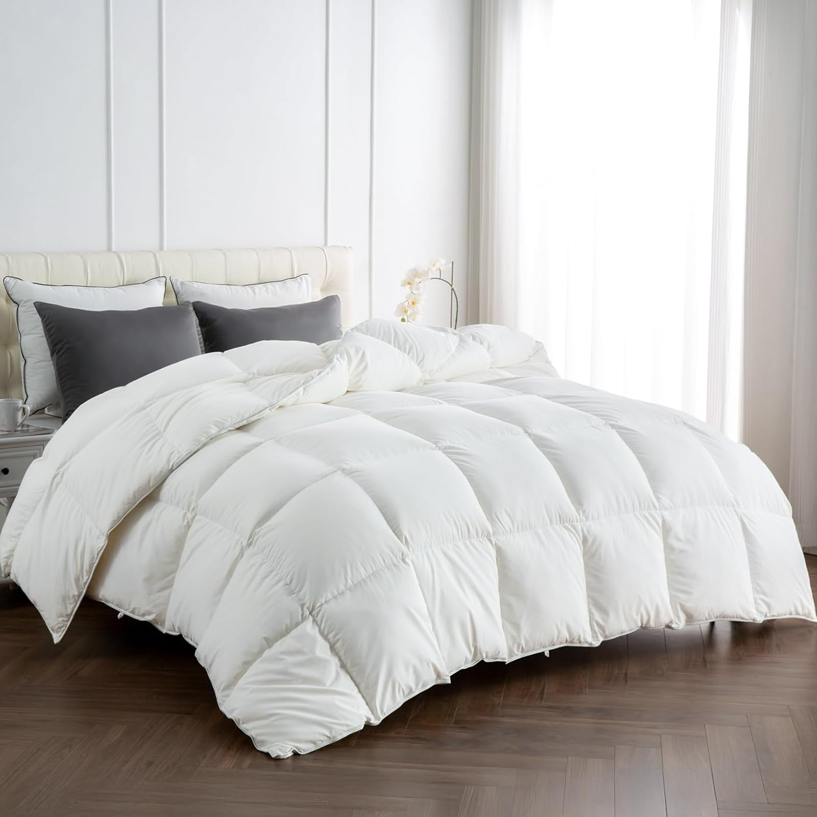 APSMILE King Size Down Feather Comforter, All Season Ultra Soft Poly-Cotton Duvet Insert with 8 Corner Tabs - White (106x90)