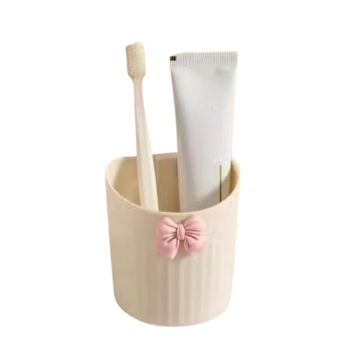Bathroom Toothbrush Holder Cup with Pink Bow, Beige, Includes Toothbrush and Toothpaste Tube