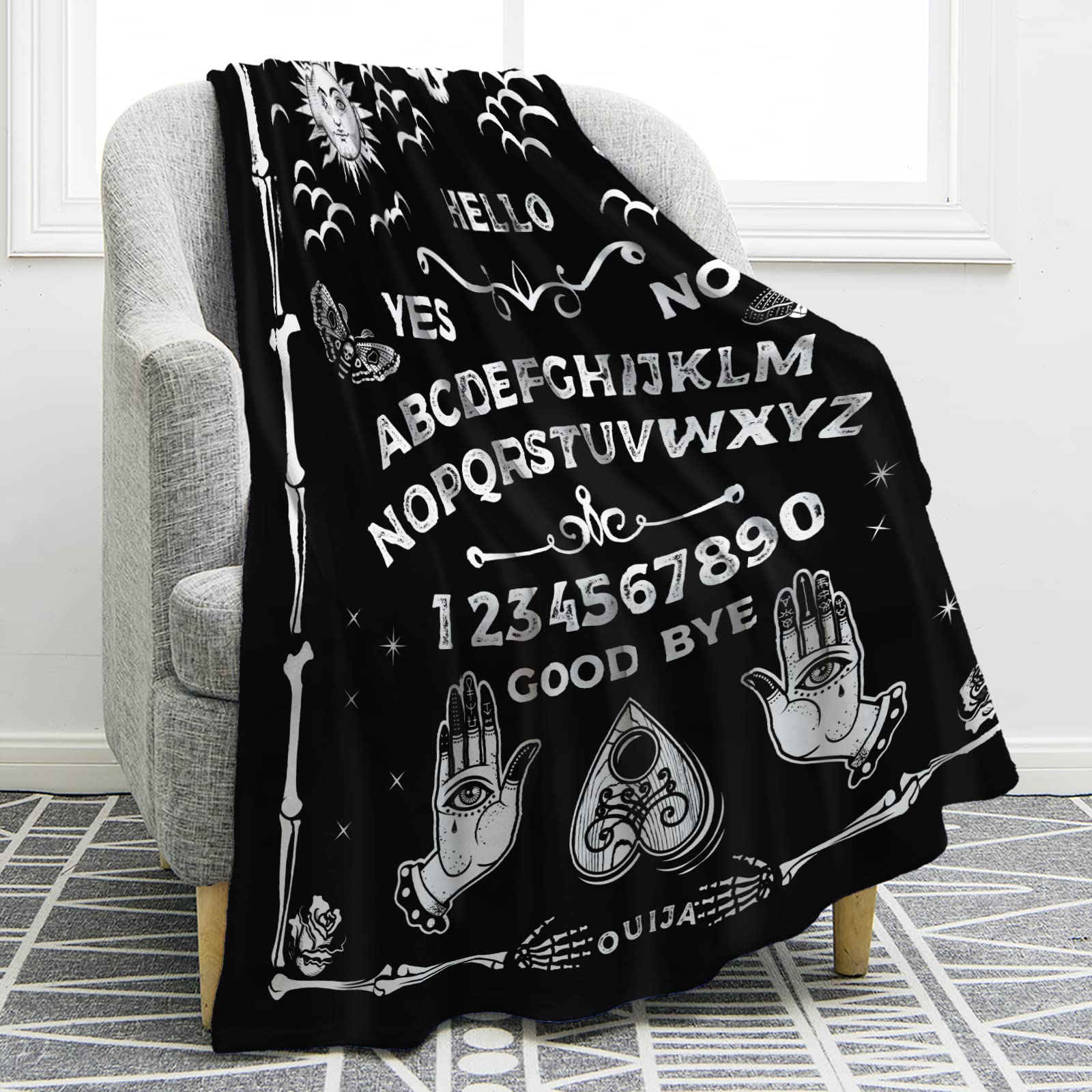 Jekeno Ouija Board Blanket Spooky Horror Gifts For Halloween Sun Moon Skeleton Skull Presents For Women Men Kids Girls Home Bedr