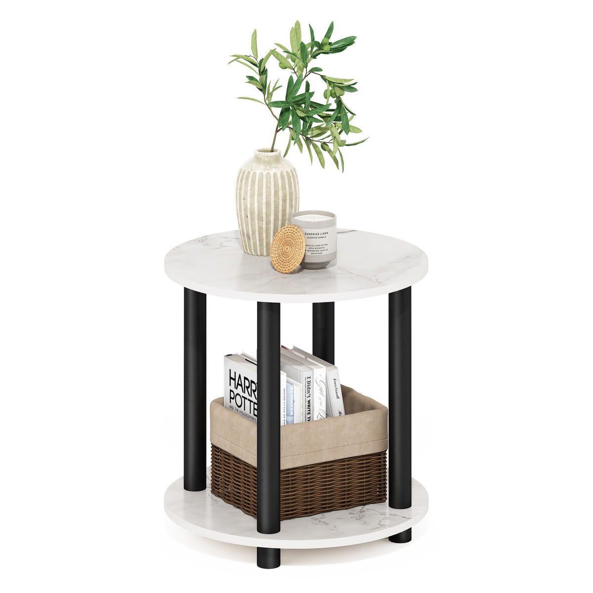 Furinno Turn-N-Tube 2-Tier Round Wooden End Table, Marble White