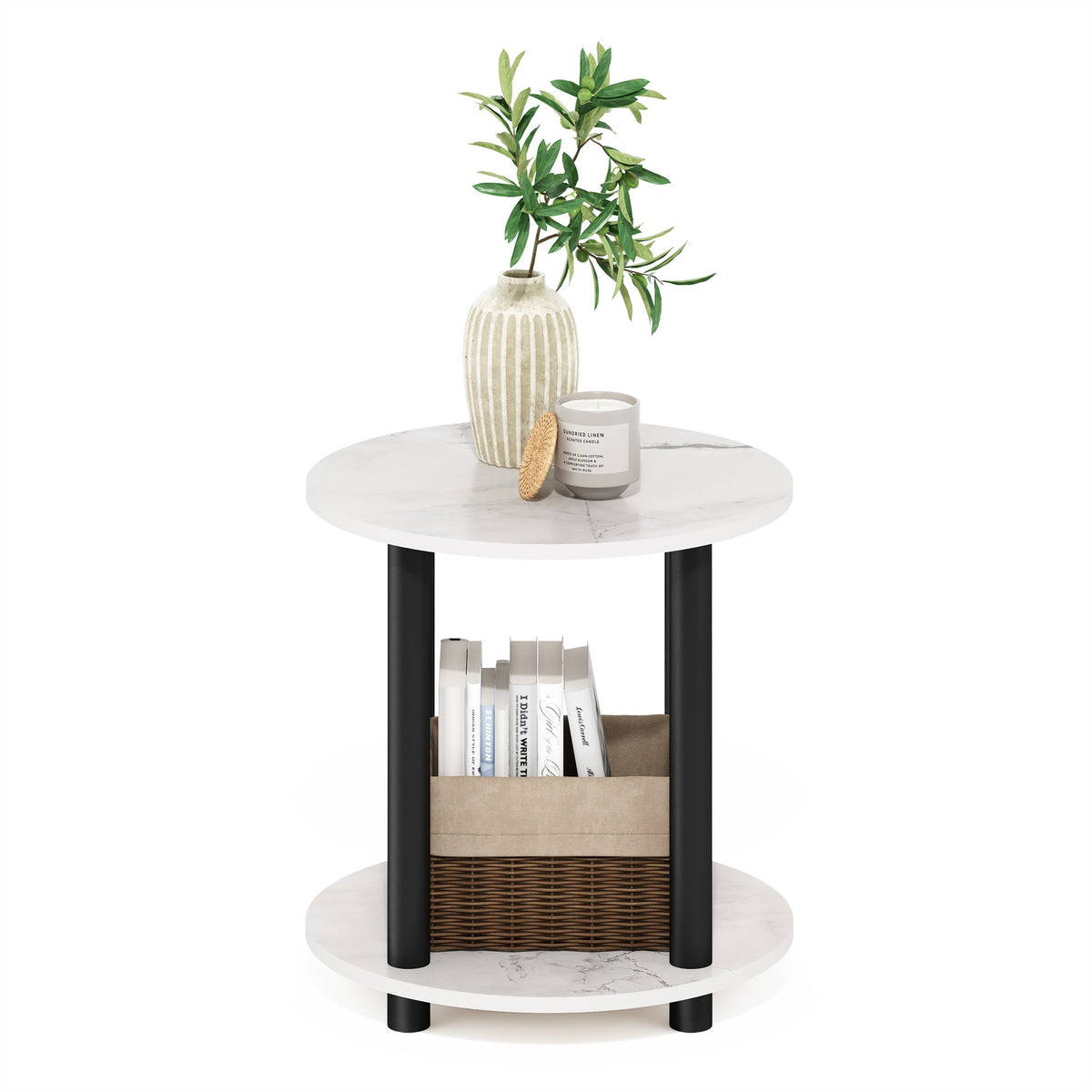 Furinno Turn-N-Tube 2-Tier Round Wooden End Table, Marble White