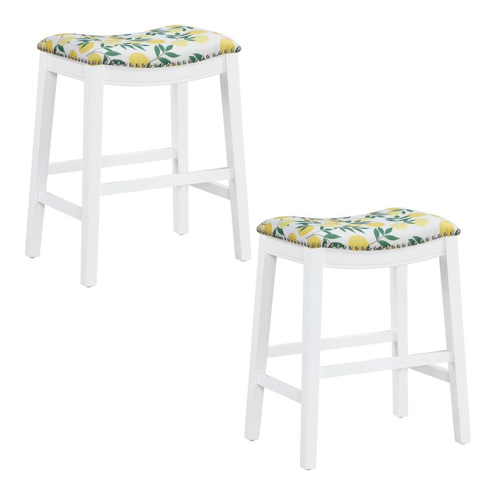 Saddle Stool 24 in lemons Fabric With White Wood Finish 2-Pack