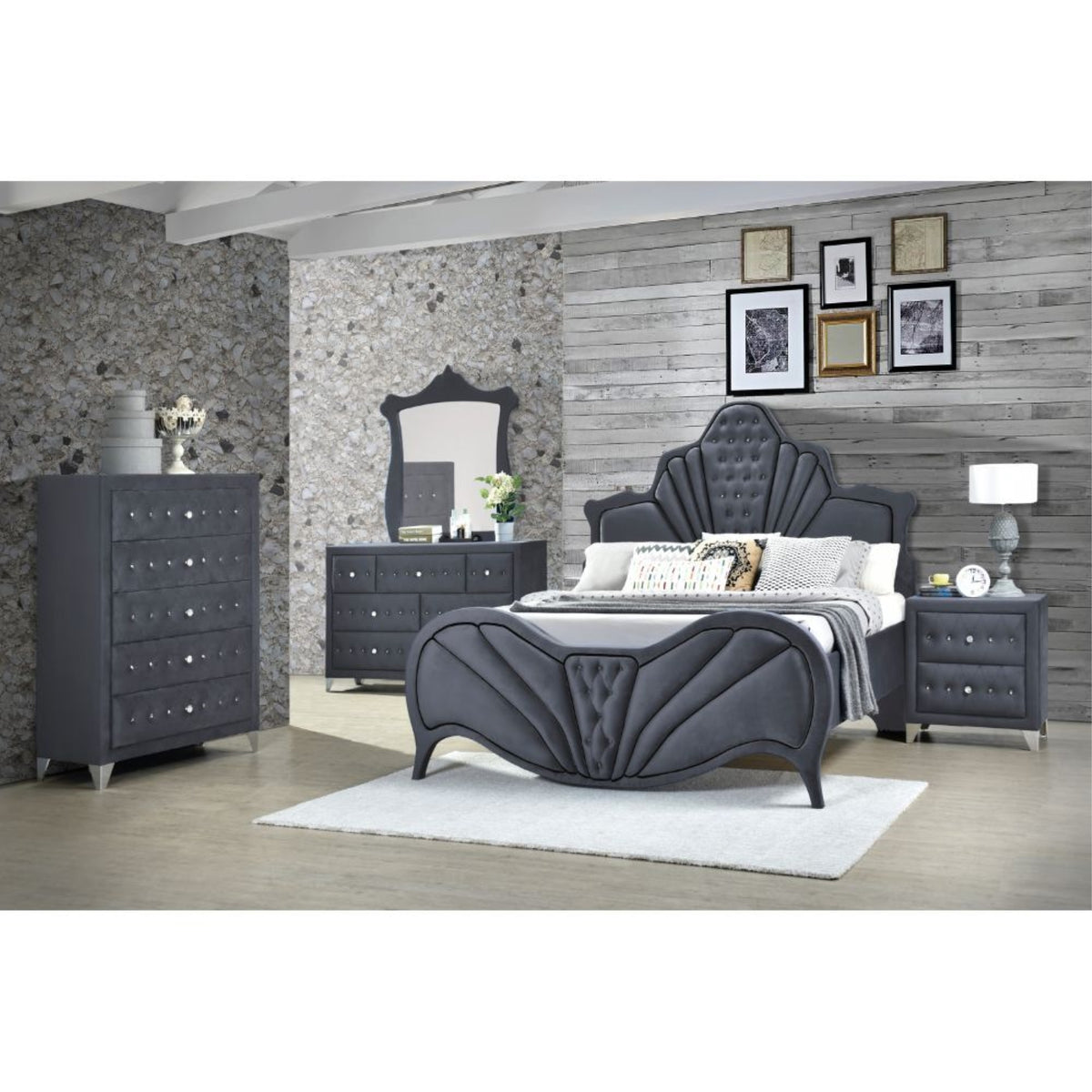 Queen Bed, Gray Velvet