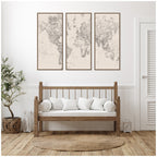 Vintage Black and White World Map Linen 3 Piece Framed Canvas Wall Art Set by The Creative Bunch Studio