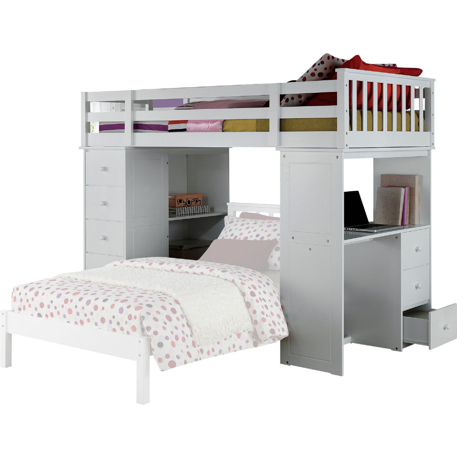 79 X 42 X 66 White Solid Wood Loft Bed And Bookshelf Ladder
