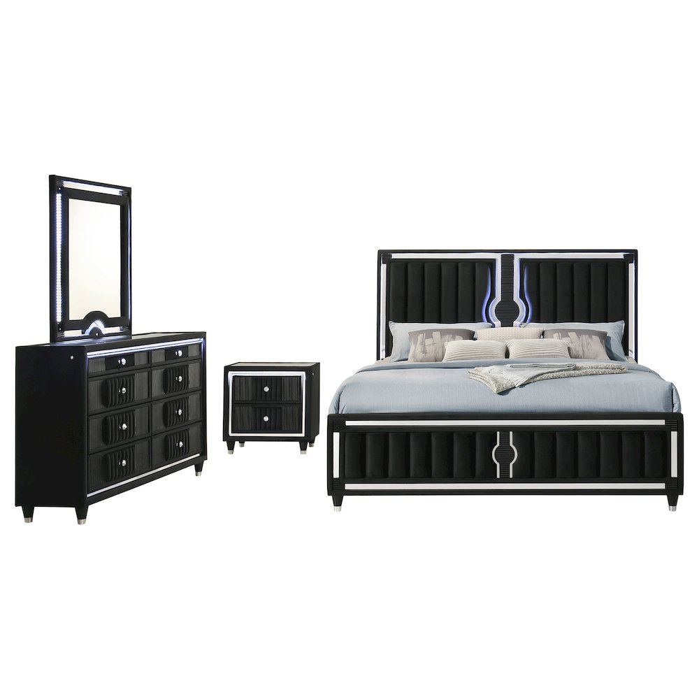 Ravenne 4piece Velvet Upholstered Queen LED Bedroom Set Black