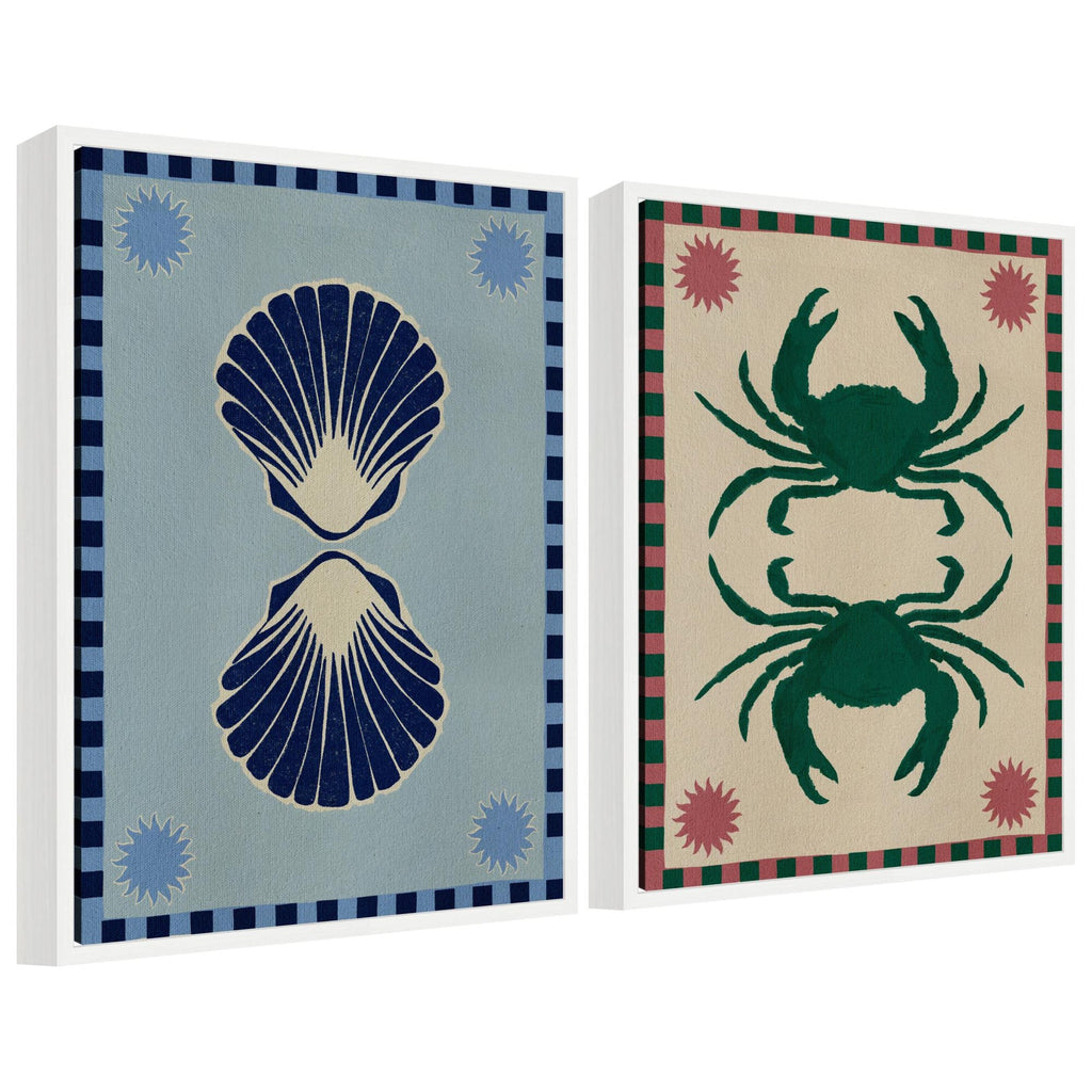Sylvie Lush Duo Seashells and Crabs Framed Canvas Art Set by Shatha Al Dafai