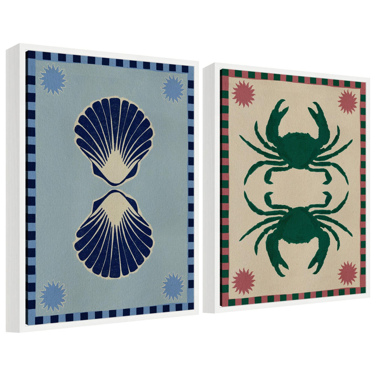 Sylvie Lush Duo Seashells and Crabs Framed Canvas Art Set by Shatha Al Dafai