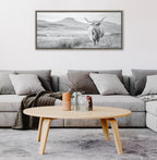 Sylvie Highland Cow Mountain Landscape Black and White Framed Canvas by The Creative Bunch Studio