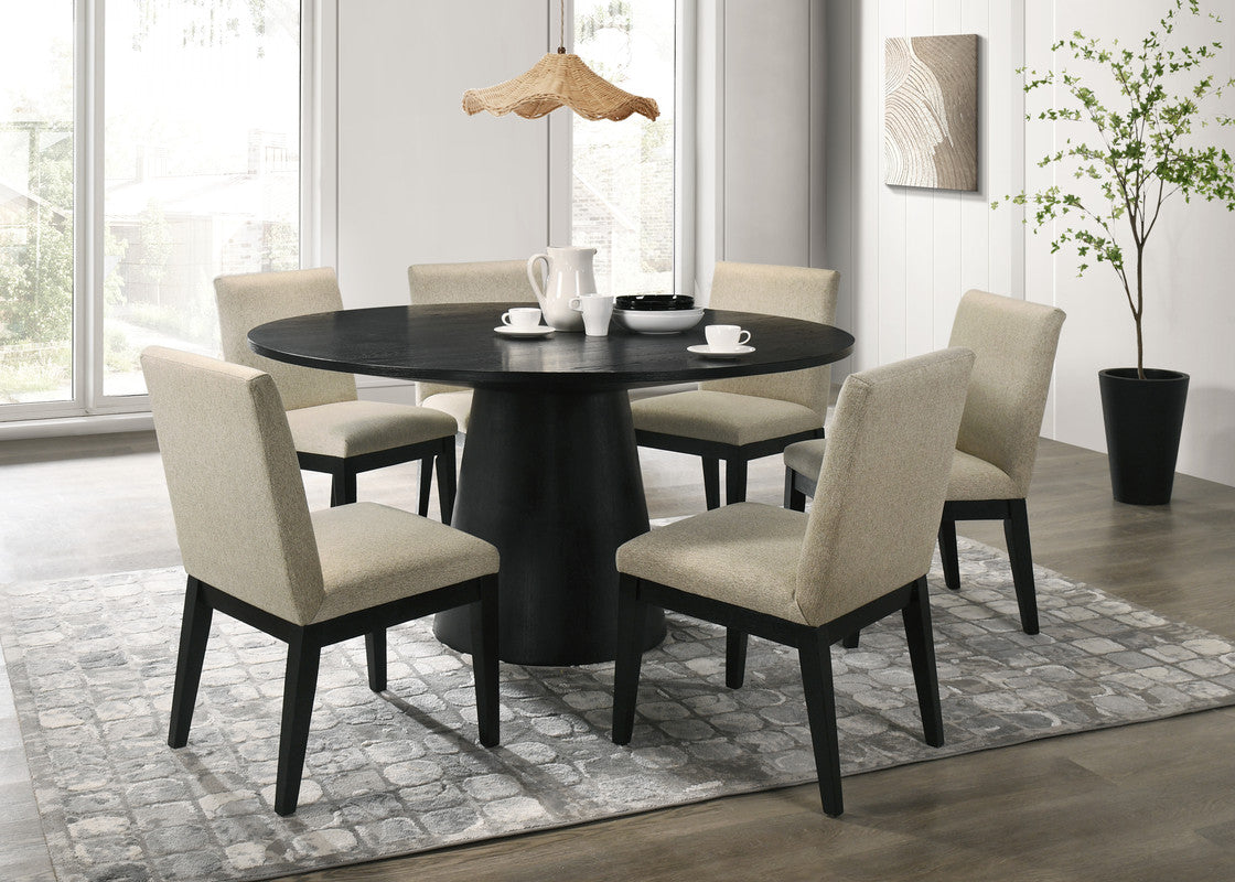 Jasper Ebony Black 7 Piece 59W Round Dining Table Set with Beige Fabric Chairs